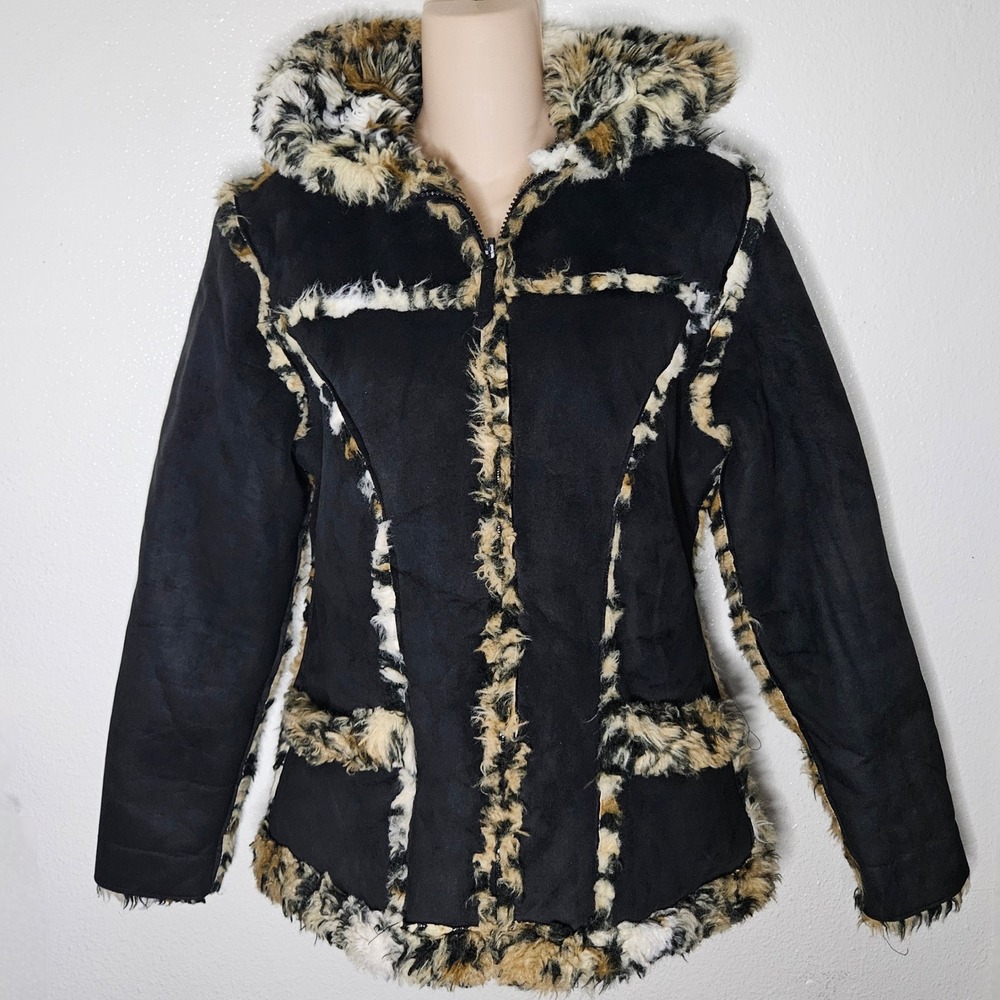 Arizona Jean Company Reversible Black Suede Leopard Faux Fur Hooded Jacket